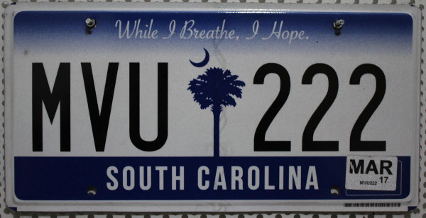SOUTH CAROLINA - Nummernschild # MVU222 =