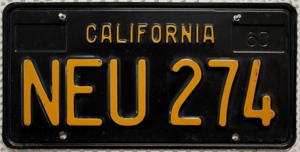 CALIFORNIA 1963 Oldtimer Nummernschild # NEU274 ... ≡