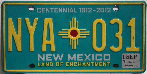 NEW MEXICO Centennial 1912_2012 - Nummernschild # NYA031 =