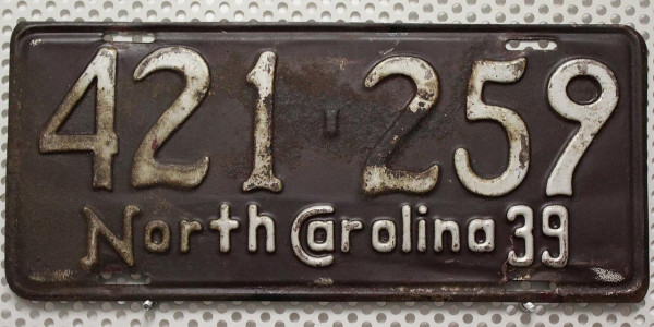 NORTH CAROLINA 1939 Oldtimer Nummernschild # 421259