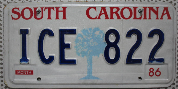 SOUTH CAROLINA - Nummernschild # ICE822 ...