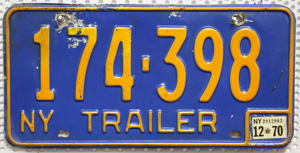 NY New York 1970 Trailer Nummernschild # 174398 =