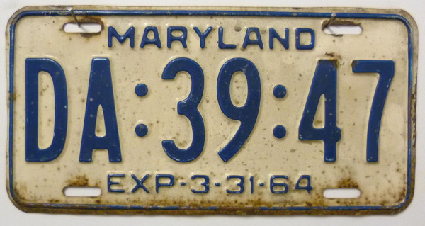 MARYLAND 1964 Oldtimer Nummernschild # DA3947
