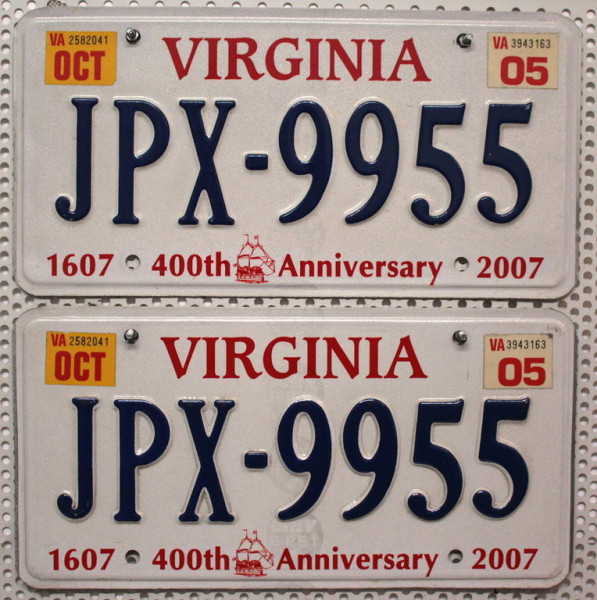 VIRGINIA Schilder PAAR (400th Anniversary) - Zwei USA Nummernschilder # JPX9955