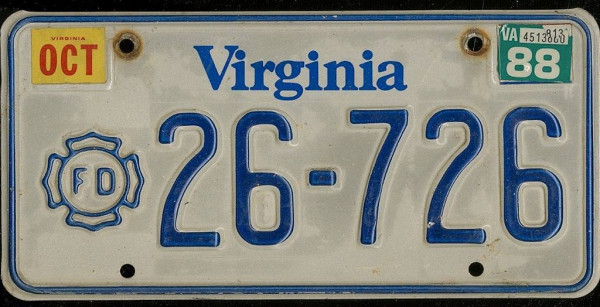 VIRGINA Firedepartment - Nummernschild # 26726 =
