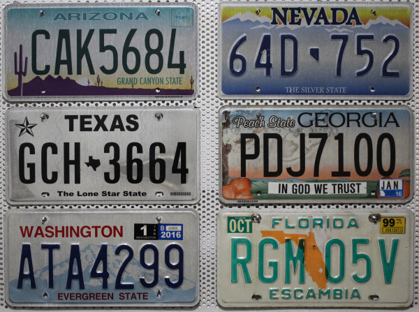 6 Schilder-Pack Schrott Nummernschilder SET Kennzeichen # US-States: FL + WA + GA + TX + NV + AZ