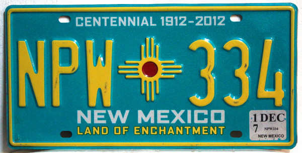 NEW MEXICO Centennial 1912_2012 - Nummernschild # NPW334
