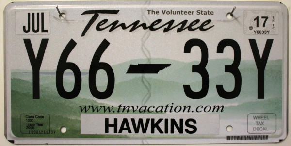 TENNESSEE The Volunteer State - Nummernschild # Y6633Y / HAWKINS County