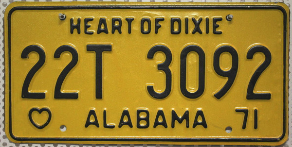 ALABAMA 1971 Nummernschild # 22T3092 =