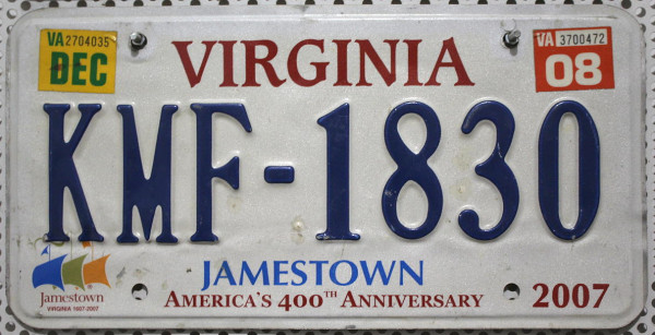 VIRGINIA Jamestown 1607 2007 - Nummernschild # KMF1830 =