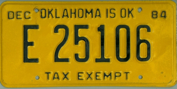 OKLAHOMA Tax Exempt - Nummernschild # E25106 ...